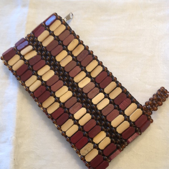 VINTAGE WOODEN HANDMADE BEADED CLUTCH PURSE BAG UNIQUE STURDY LINED ZIPPER- #487 - Picture 3 of 12